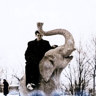 Person sitting atop large elephant statue outdoors.