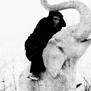 Person riding a large white elephant statue.