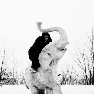 Person riding a large white elephant statue.