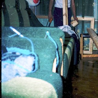 Flooded room with people and cat on makeshift bridge.