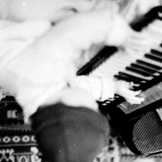A person playing a piano with a blurred background.
