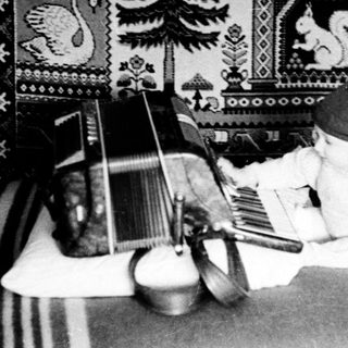 Traditional quilted bed with musical instruments and vintage decor.