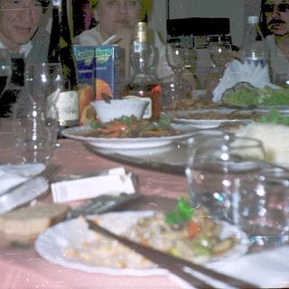 Group of people dressed in costumes at a dinner table.