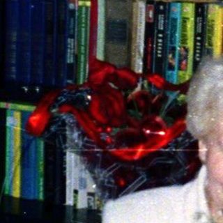 Elderly woman smelling rose at indoor celebration.