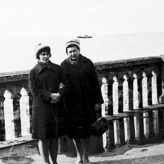Two people walking together on a bridge near water.