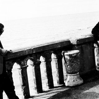 Person sitting on seaside railing by ocean.