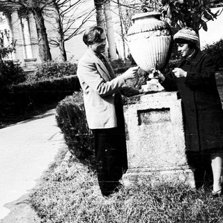 Two people planting a small tree together outdoors.