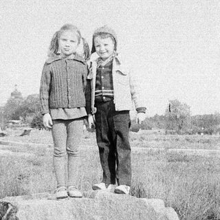 Two children standing on rocks in an open field.