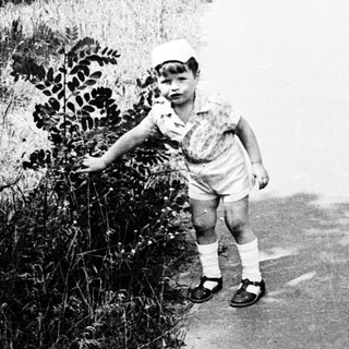 Young child waving near roadside greenery.