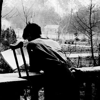 Person sitting alone on bench overlooking rural landscape.