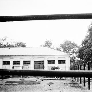 Rural scene with old building and fenced horse area.