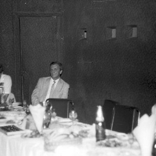 Formal dinner gathering with seated man speaking.