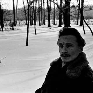 Man in winter park wearing coat, looking serious.