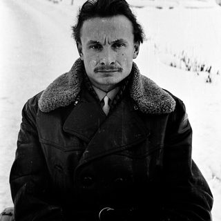 Man in winter coat standing in snowy landscape.