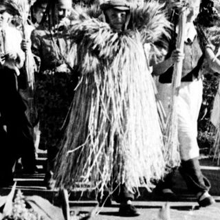 Traditional festival dancers in elaborate straw costumes.