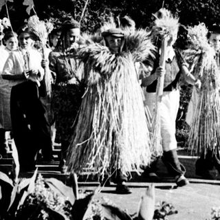 Traditional festival dancers in elaborate straw costumes.