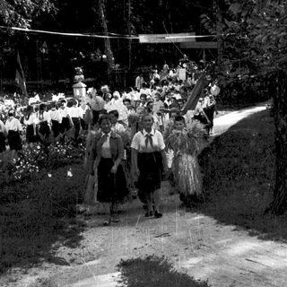 Traditional festival procession with participants in rural setting.