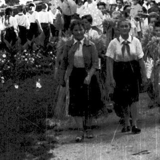 Traditional festival procession with participants in rural setting.