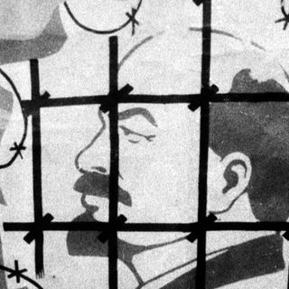 Propaganda poster depicting Lenin behind barbed wire. "Soviet Union as peoples' prison."