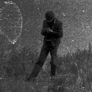 Person standing alone in foggy field near water.