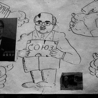 Satirical poster depicting Soviet leader with regions breaking away.