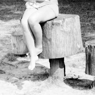 Woman sitting on stumps holding a dog outdoors.