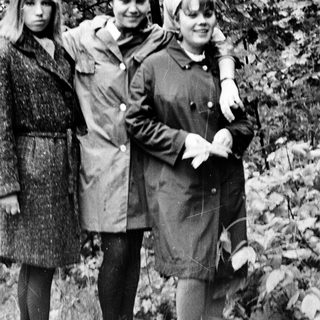 Three women posing together outdoors in autumn attire.