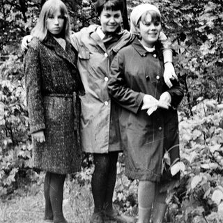 Three women posing together outdoors in autumn attire.