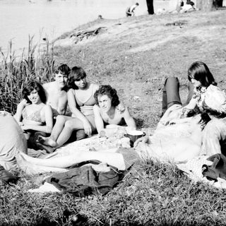 Group of people picnicking by water, dressed in 1970s-style swimwear.