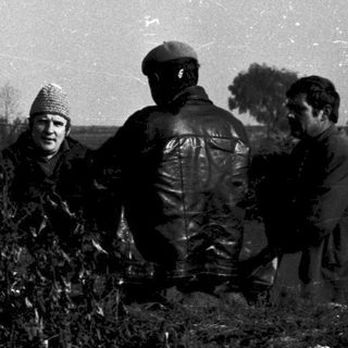 Group of people gathered outdoors, possibly during wartime.