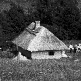 Rural village with traditional thatched-roof houses.