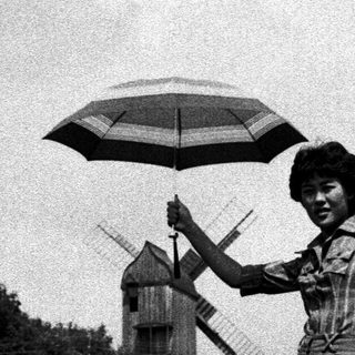 Woman holding umbrella in windy field with windmill.