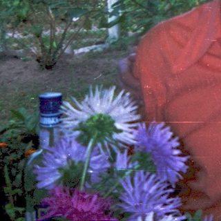 Two men posing outdoors at a garden table with drinks.
