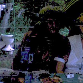 Group of people dressed in costumes at an outdoor party.