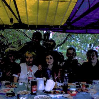 Group of people dressed in costumes at an outdoor party.