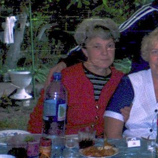 Group gathering outdoors at a festive table.