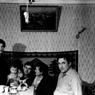 Family gathering indoors during meal time.