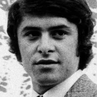 Young man in 1970s-style suit posing outdoors.