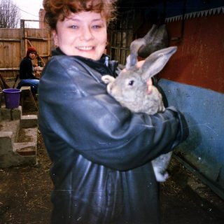 Woman holding a small rabbit indoors near farm animals.
