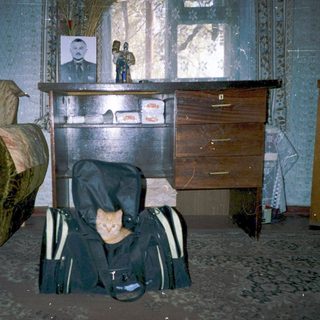 Flooded room with submerged suitcase and belongings.