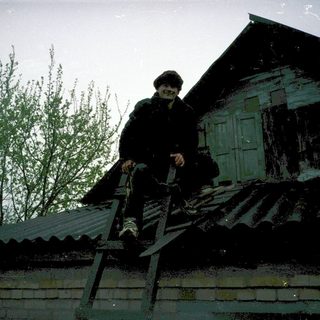Person cleaning roof with ladder in snowy weather.