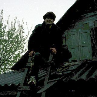 Person cleaning roof with ladder in snowy weather.