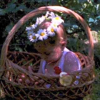 Child sitting in wicker basket surrounded by flowers.