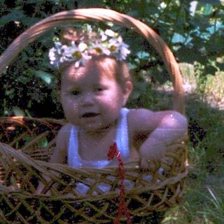 Baby sitting in a wicker basket outdoors.