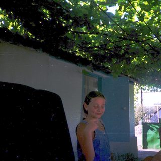Two people sitting under leafy canopy.