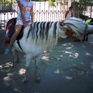 Girl riding painted pony in outdoor setting.