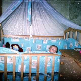 Baby sleeping in blue-themed crib with canopy.