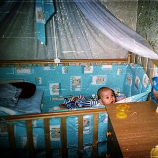 Baby in blue-themed crib with mosquito net.