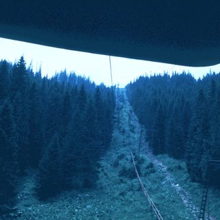 Cable car ascending through forested mountain valley.