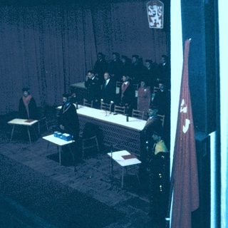 Formal conference or meeting with seated officials.